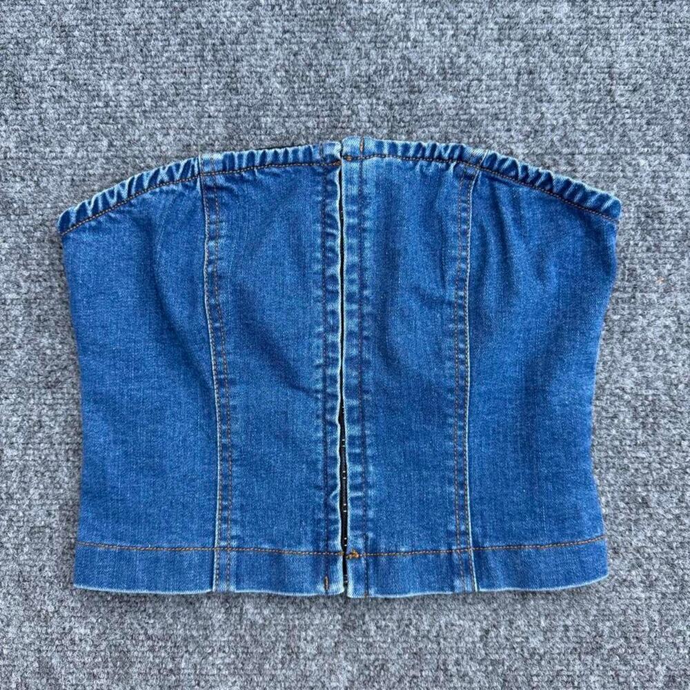 Olivaceous Denim Corset Top Small Blue Strapless Hook Eye Crop